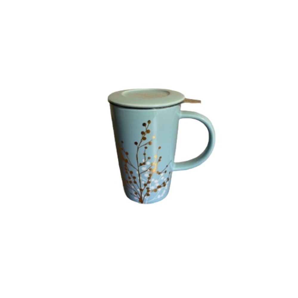 David’s Tea Blue, White, and Gold Mug with Strainer and Lid